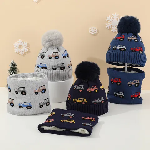 Kids Winter Warm Knitted Hat And Scarf Set Cartoon Car Pattern Cute Pom Pom Ear Flap Beanie Neck Warmer Set Children Cold Weather Gear