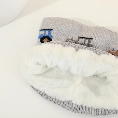 Kids Winter Warm Knitted Hat And Scarf Set Cartoon Car Pattern Cute Pom Pom Ear Flap Beanie Neck Warmer Set Children Cold Weather Gear