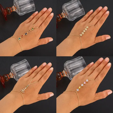 Fashion Titanium Steel Zircon Heart Hand Chain Bracelet Women Luxury Multi-Color Crystal Finger Ring Jewelry Gift