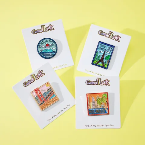 Fashion Metal Landmark Enamel Brooch Pin Tokyo Tower Golden Gate Bridge Mt Fuji Hollywood Badge Jewelry Gift