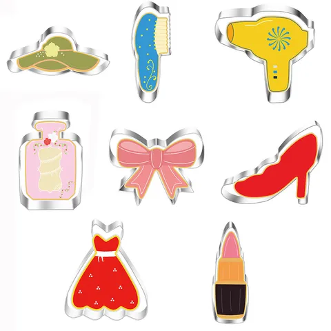 Set Tagliabiscotti Cosmetici alla Moda in Acciaio Inossidabile Tacchi Alti Bottiglia di Profumo Rossetto Vestito Fiocco Stampi da Forno