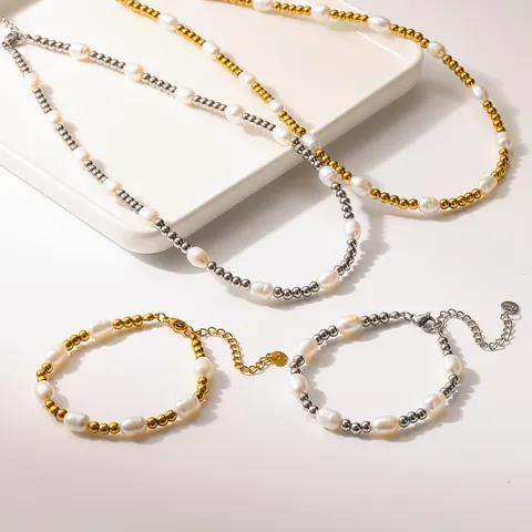 Minimalista Acero Inoxidable Perla de Agua Dulce Abalorios Collar Y Pulsera Conjunto Dorado Plateado Moda Joyería Regalo