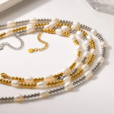 Minimalista Acero Inoxidable Perla de Agua Dulce Abalorios Collar Y Pulsera Conjunto Dorado Plateado Moda Joyería Regalo