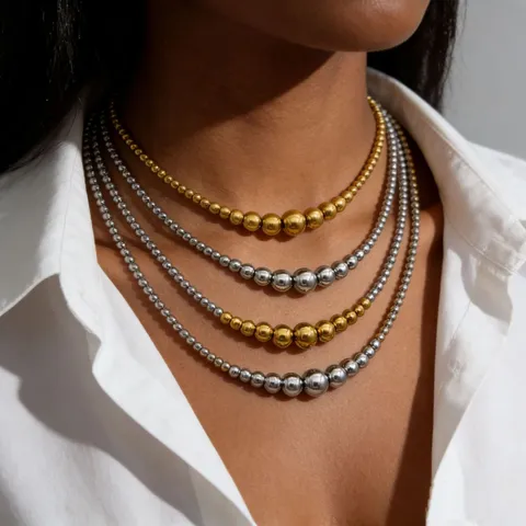 Stainless Steel Beaded Necklace Two Tone Gold Silver Plated Round Ball Choker Geometric Fashion Jewelry For Women