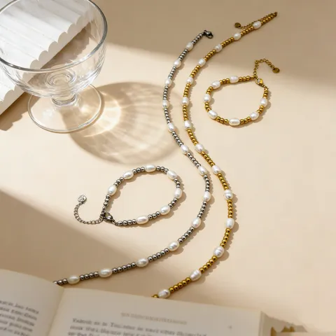 Collar Pulsera de Perlas de Agua Dulce Naturales de Acero Inoxidable Abalorios Oro Plata Conjunto de Joyas