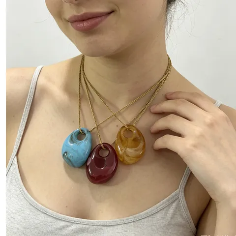 INS Style Geometric Acrylic Oval Pendant Necklace Stainless Steel Fashion Trendy Jewelry Gift For Women