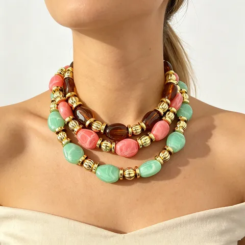 Bohemian Colorful Resin Geometric Beaded Short Necklace For Women Summer Vacation Fashion Statement Jewelry