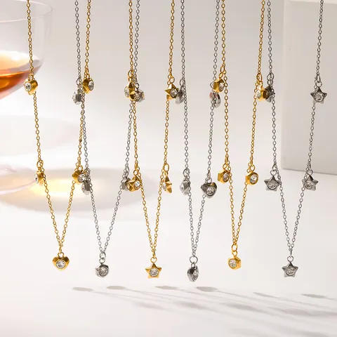 Stainless Steel Gold Plated Heart Star Pendant Necklace Rhinestone Geometry Fashion Jewelry Gift For Women