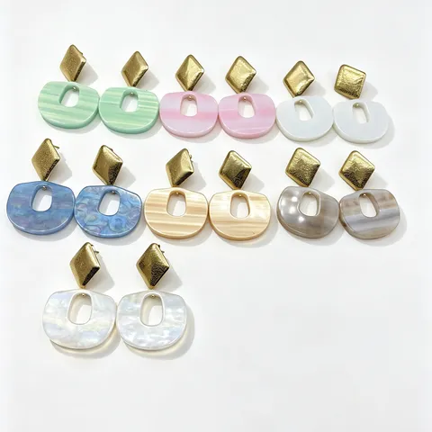 Bohemian Vintage Geometric Oval Resin Stainless Steel Post Drop Earrings Fashion Statement Jewelry For Women Gift