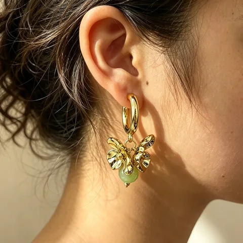 Exaggerated Metal Flower Drop Earrings Resin Round Bead Fashion Jewelry Statement Dangle Earrings For Women