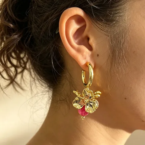 Exaggerated Metal Flower Drop Earrings Resin Round Bead Fashion Jewelry Statement Dangle Earrings For Women