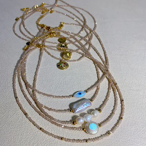 Minimalist Stainless Steel Baroque Pearl Evil Eye Shell Pendant Necklace Layered Clavicle Chain Jewelry For Women