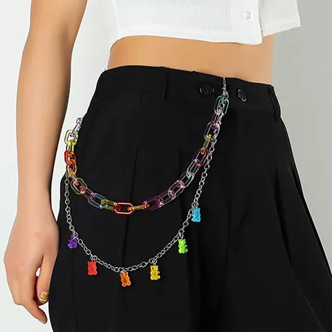 Women Fashion Punk Waist Chain Double Layer Acrylic Bear Pendant Body Chain Retro Metal Plastic Waist Belt Jewelry Gift
