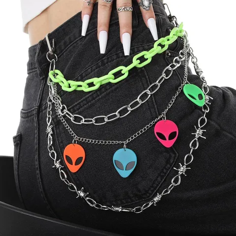 Punk Style Metal Waist Chain Multi-layer Neon Chain Alien Pendant Pants Chain Body Chain Jewelry For Men Women