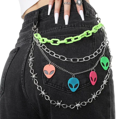 Punk Style Metal Waist Chain Multi-layer Neon Chain Alien Pendant Pants Chain Body Chain Jewelry For Men Women
