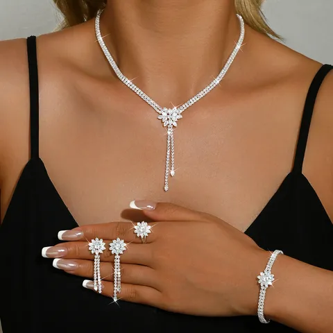 Elegant Floral Tassel Zirconia Jewelry Copper Necklace Earrings Ring Bracelet Collection For Wedding Banquet Women Accessory