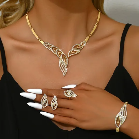 Lussuoso Set di Gioielli in Lega e Strass per Donna Placcato Oro Geometrico Floreale Foglia Goccia d'Acqua Collana Orecchini Bracciale Anello per Matrimonio
