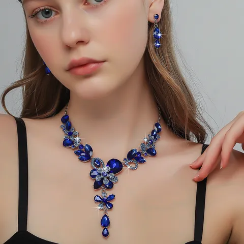 Set di Gioielli Collana Orecchini Strass Sposa per Donna Moda Europea Cristallo Blu Pendente Goccia d'Acqua Accessori Festa Ballo