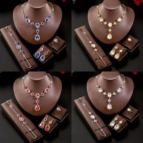 Lussuoso Set di Gioielli in Rame con Strass a Goccia d'Acqua per Donna Matrimonio Festa Sposa Collana Orecchini Bracciale Anello Set