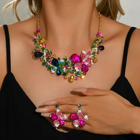 Set di Gioielli Collana Orecchini a Bottone a Forma di Fiore Farfalla in Lega di Zinco Strass Esagerato per Sposa Abito da Sposa Cena Festa Donna Accessorio