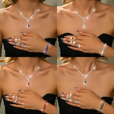 Set Gioielli Goccia d'Acqua in Cristallo per Donna Sposa Matrimonio Collana Orecchini Bracciale Anello Argento Placcato Oro Rame Accessorio Gioielli Strass