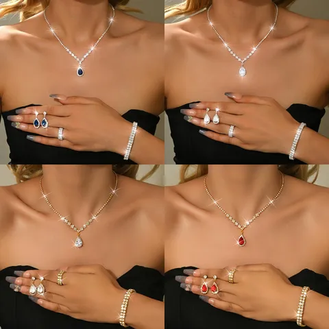 Set di Gioielli da Sposa Scintillante in Zirconia Colorata a Goccia d'Acqua in Rame Galvanico Collana Orecchini Bracciale Anello per Matrimonio Banchetto Donna