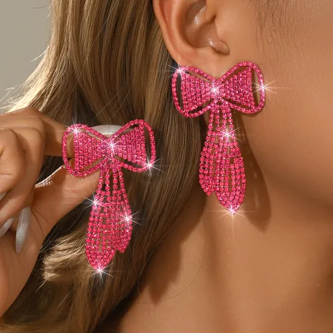 Elegante Kupfer Strass Schleife Quaste Ohrringe Luxus Rosa Kristall Hängeohrringe Mit Edelstahl Stift Für Damen Hochzeit Party Schmuck