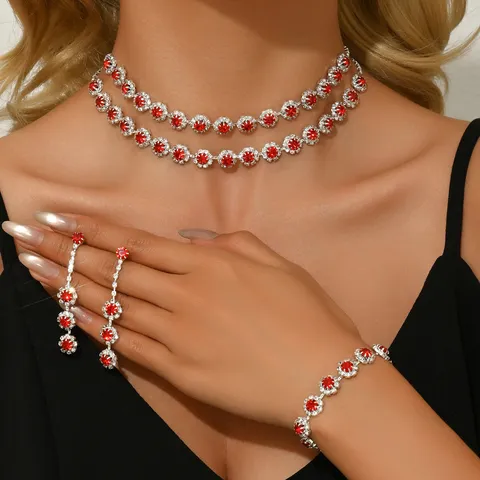 Lussuoso Set di Gioielli da Donna in Rame Con Collana Orecchini Braccialetto e Cristalli Rossi Strass per Matrimonio Banchetto