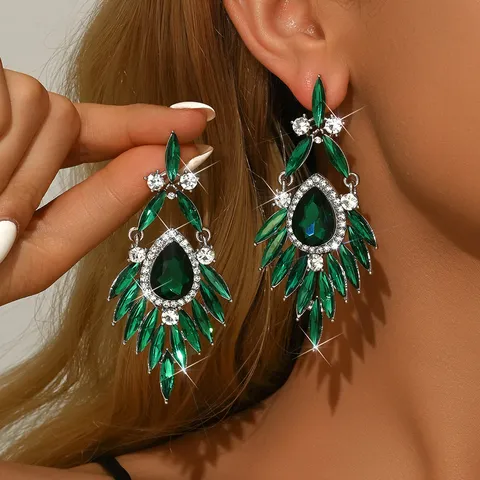 Lussuosi Orecchini Pendenti in Lega Strass Fiore Foglia da Donna Eleganti Orecchini Geometrici Pendenti con Cristallo Verde Smeraldo
