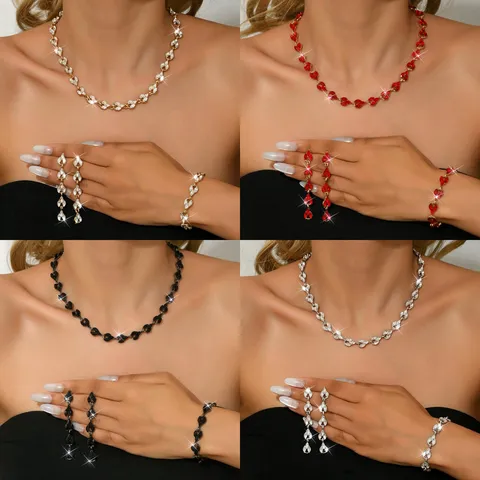 Elegante Set di Gioielli in Lega con Strass Motivo Foglia Collana con Ciondolo Orecchini Lunghi a Goccia Moda Regolabile Braccialetto di Cristallo per Sposa Matrimonio Festa Donna
