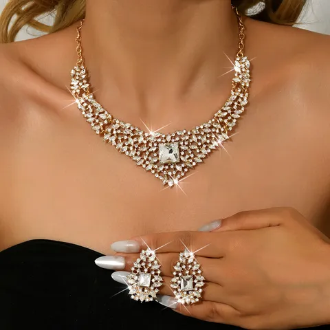 Vintage Alloy Rhinestone Flower Leaf Necklace Earrings Jewelry Set Oversized Luxurious Bridal Wedding Party Costume Jewelry For Women