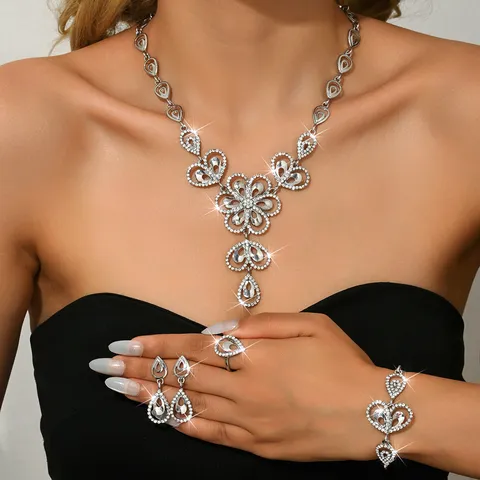 Afrikanisch Luxus Legierung Strass Blume Schmuckset Galvanisiert Halskette Ohrringe Armband Ring Braut Hochzeit Party Kostüm Zubehör Für Damen