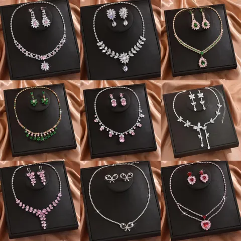 Raffinato Set di Gioielli da Sposa in Rame e Zirconia Collana e Orecchini a Goccia d'Acqua per Banchetto di Nozze Donna