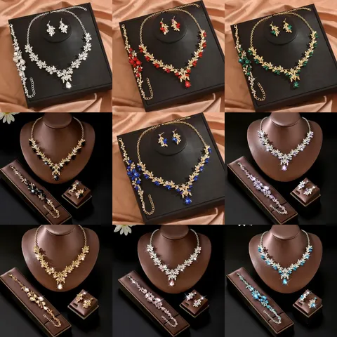 Set di Gioielli in Strass Foglia in Lega di Lusso Per Accessorio Abito da Sposa Collana Orecchini Bracciale Set Donna