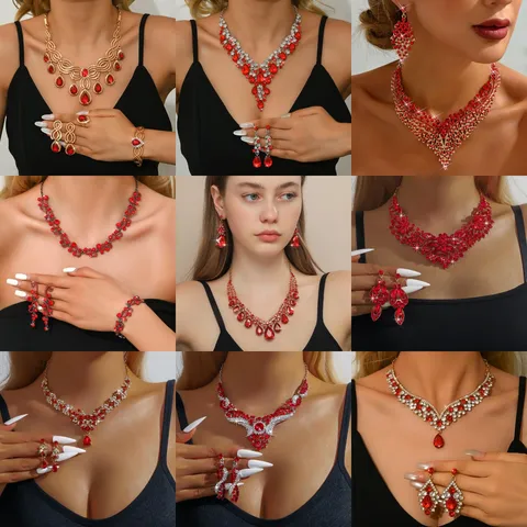 Elegante Set Gioielli Sposa Strass Rossi Intarsiati Ciondolo Goccia d'Acqua Collana Orecchini Bracciale Banchetto Matrimonio Donna