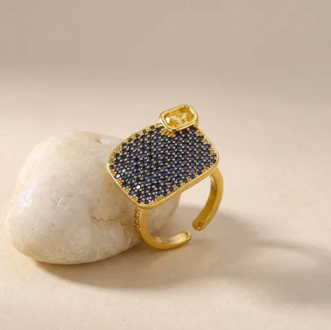 Anillo de Circonia Cuadrado Geométrico Vintage de Cobre Chapado en Oro 18K Anillo de Dedo Ajustable Abierto Joyería Azul Amarilla para Mujer