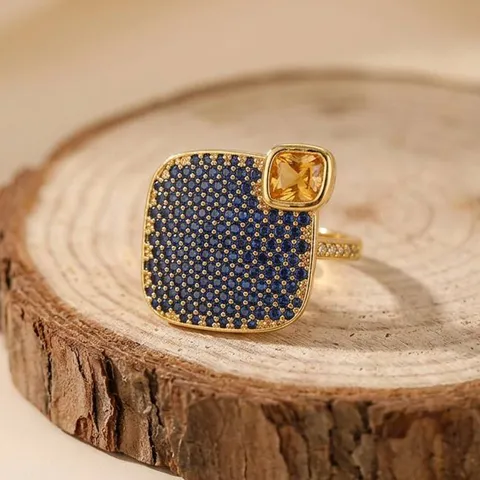 Anillo de Circonia Cuadrado Geométrico Vintage de Cobre Chapado en Oro 18K Anillo de Dedo Ajustable Abierto Joyería Azul Amarilla para Mujer