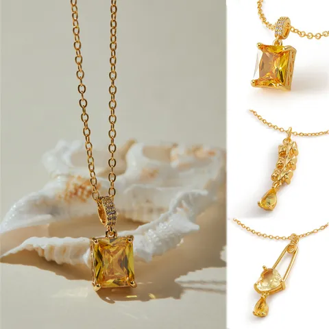 Collar con Colgante de Circonia Amarilla de Cobre Chapado en Oro de 18K Cadena de Clavícula Geométrica para Mujer Joyería Moderna Regalo