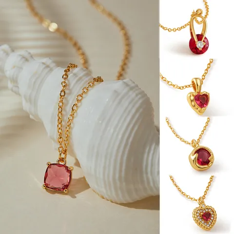 Elegante Gold Vergoldete Kupfer Rot Zirkonia Anhänger Halskette Für Damen Süßes Herz Quadratische Blume Schlüsselbein Kette Schmuck Geschenk