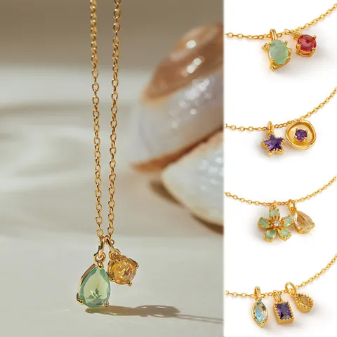 18K Vergoldete Kupfer Bunte Zirkonia Anhänger Halskette Für Damen Elegante Herz Blume Stern Edelstein Zierliche Gliederkette Schmuck