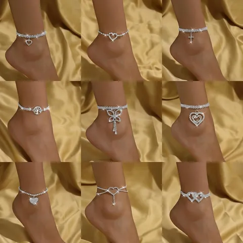 Fashion Rhinestone Rhombic Anklet For Women Silver Alloy Heart Cross Butterfly Tree Of Life Pendant Ankle Bracelet Jewelry