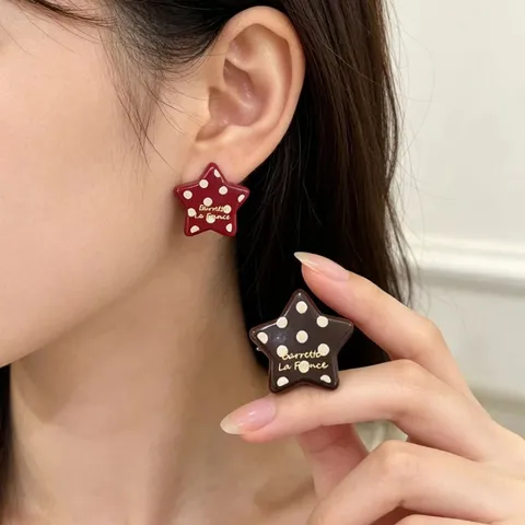 Retro Burgunderrot Punkte Herz Stern Ohrstecker Damen Koreanischer Stil Harz Kupfer Ohrringpfosten Süß Kühl Schmuck