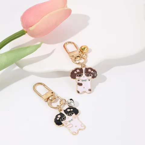 Cute Cartoon Dog Metal Keychain With Gold Bell Pendant Enamel Craft Animal Schoolbag Charm Key Ring Ornaments Gift