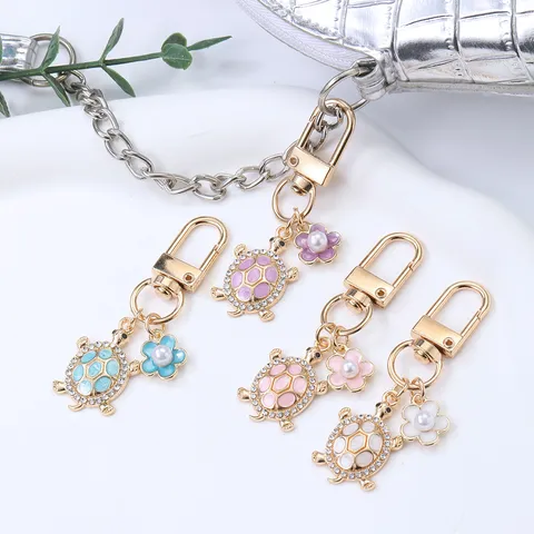 Metal Turtle Flower Bag Charm Keychain For Women Rhinestone Artificial Pearl Animal Key Ring Pendant Gift Jewelry