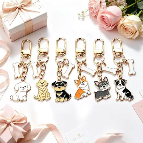 Porte-clés Mignon en Alliage de Zinc Émail Chien et Os Charme de Sac pour Amoureux des Animaux Cadeau Accessoires