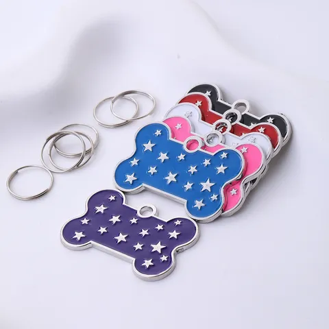 Zinklegering Botvormig Huisdier ID Tag Graveerbaar Anti Verlies Hond Kat Naamplaat Hanger Metalen Sterren Gelakt Patroon Halsband Accessoires