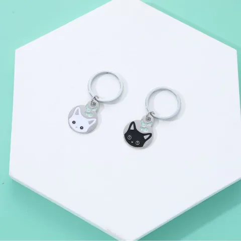 Cartoon Cat And Fish Metal Keychain Round Enamel Bee Flower Pattern Zinc Alloy Stainless Steel Car Key Ring Gift For Women