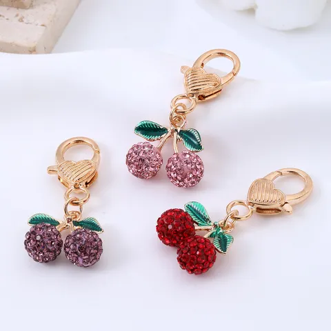 Rhinestone Cherry Keychain Alloy Heart Buckle Fruit Bag Pendant Car Key Ring Fashion Decoration Jewelry Gift For Women