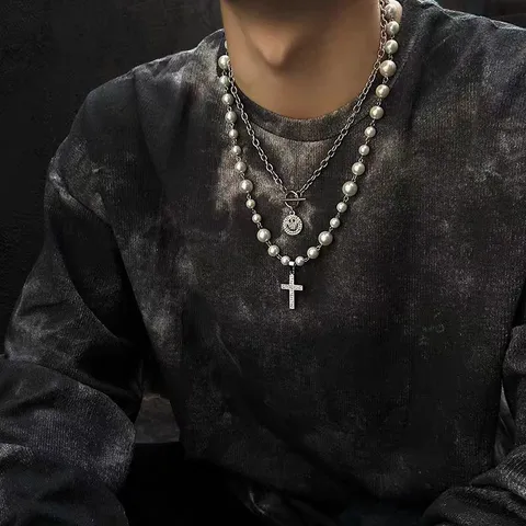 Cooler Ins Style Legierung Künstliche Perlenkette Für Herren Damen Hip Hop Strass Lächelndes Gesicht Kreuz Anhänger Doppellagige Halskette Trendiger Schmuck Geschenk