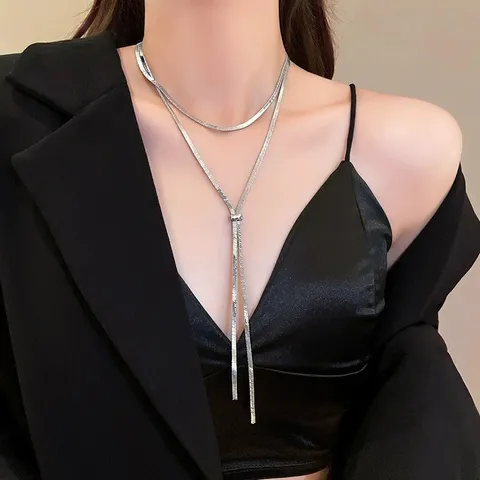 Silber Legierung Doppellagig Schlangenknochenkette Verstellbar Lang Y-Form Kette Pullover Halskette Für Damen Minimalistisch Modeschmuck